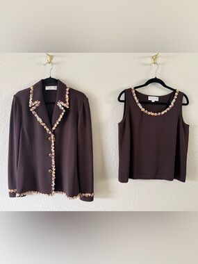 St. John Collection Santana Knit Brown M Jacket Tank Top 2 Pc. Set Floral Trim